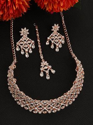 Rose Gold Plated Stone Studded Criscross Pattern Jewellery Set with Earring Maangtika 3