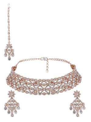 Rose Gold Plated Stone Studded Criscross Pattern Jewellery Set with Earring Maangtika 4