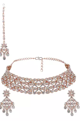 Rose Gold Plated Stone Studded Criscross Pattern Jewellery Set with Earring Maangtika