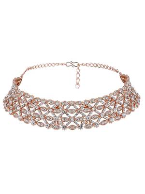 Rose Gold Plated Stone Studded Criscross Pattern Jewellery Set with Earring Maangtika 5