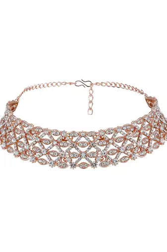 Rose Gold Plated Stone Studded Criscross Pattern Jewellery Set with Earring Maangtika