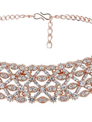 Rose Gold Plated Stone Studded Criscross Pattern Jewellery Set with Earring Maangtika 6