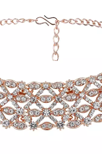 Rose Gold Plated Stone Studded Criscross Pattern Jewellery Set with Earring Maangtika