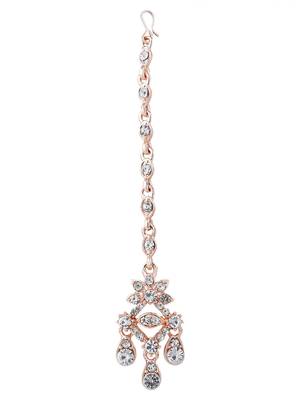 Rose Gold Plated Stone Studded Criscross Pattern Jewellery Set with Earring Maangtika 9
