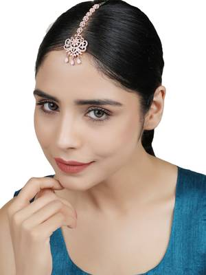 Rosegold Plated Floral Shape Amerivan Diamond Handcrafted Maangtika 1