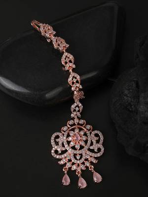 Rosegold Plated Floral Shape Amerivan Diamond Handcrafted Maangtika 2