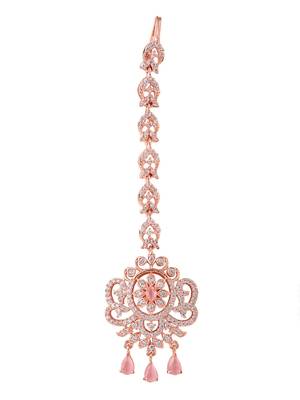 Rosegold Plated Floral Shape Amerivan Diamond Handcrafted Maangtika 3