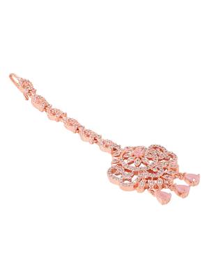 Rosegold Plated Floral Shape Amerivan Diamond Handcrafted Maangtika 4