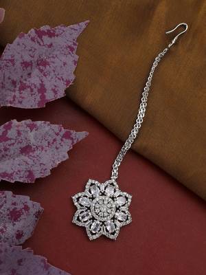 Silver-Plated White AD-Studded Handcrafted Maang Tikka 2