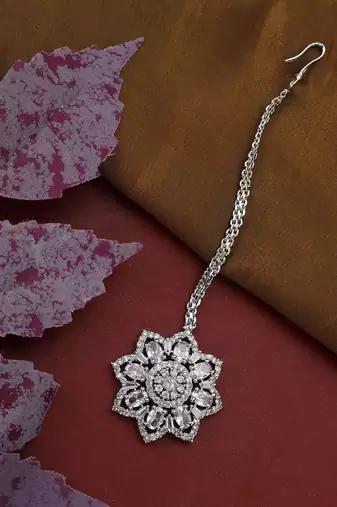 Silver-Plated White AD-Studded Handcrafted Maang Tikka