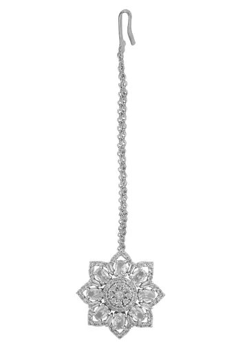 Silver-Plated White AD-Studded Handcrafted Maang Tikka