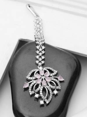 Silver-Plated & White AD-Studded Floral Maangtika 2