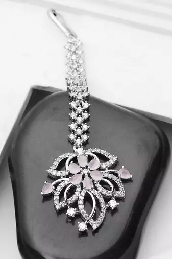 Silver-Plated & White AD-Studded Floral Maangtika