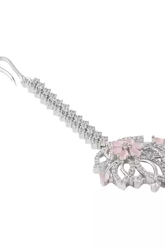 Silver-Plated & White AD-Studded Floral Maangtika
