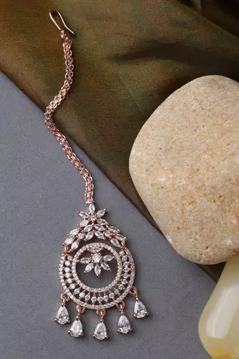 Rose Gold-Plated AD-Studded Handcrafted Maang Tika