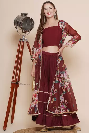 Maroon Print Cotton Blend Kurta Set