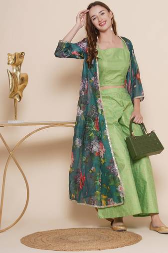 Green Print Cotton Blend Kurta Set