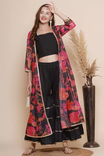 Black Print Cotton Blend Kurta Set