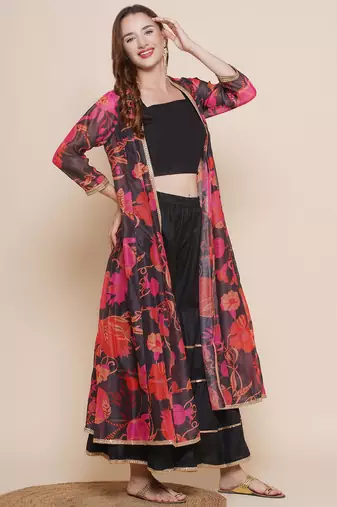 Black Print Cotton Blend Kurta Set
