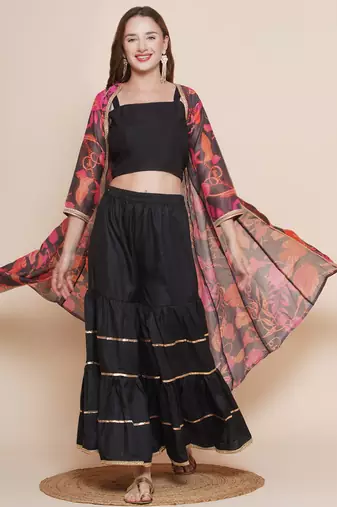 Black Print Cotton Blend Kurta Set