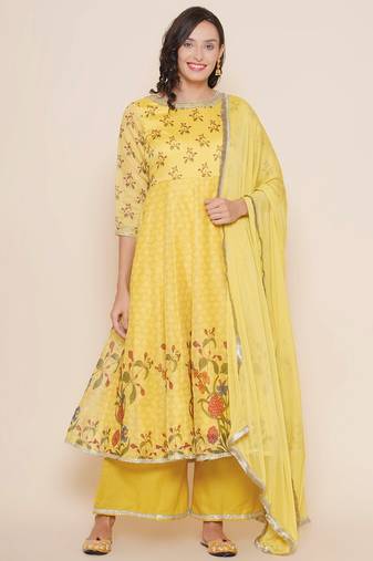 Yellow Print Chanderi Silk Anarkali Kurta Set