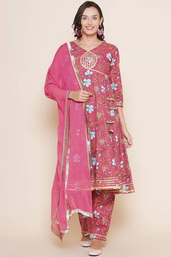 Pink Print Cotton Anarkali Kurta Set