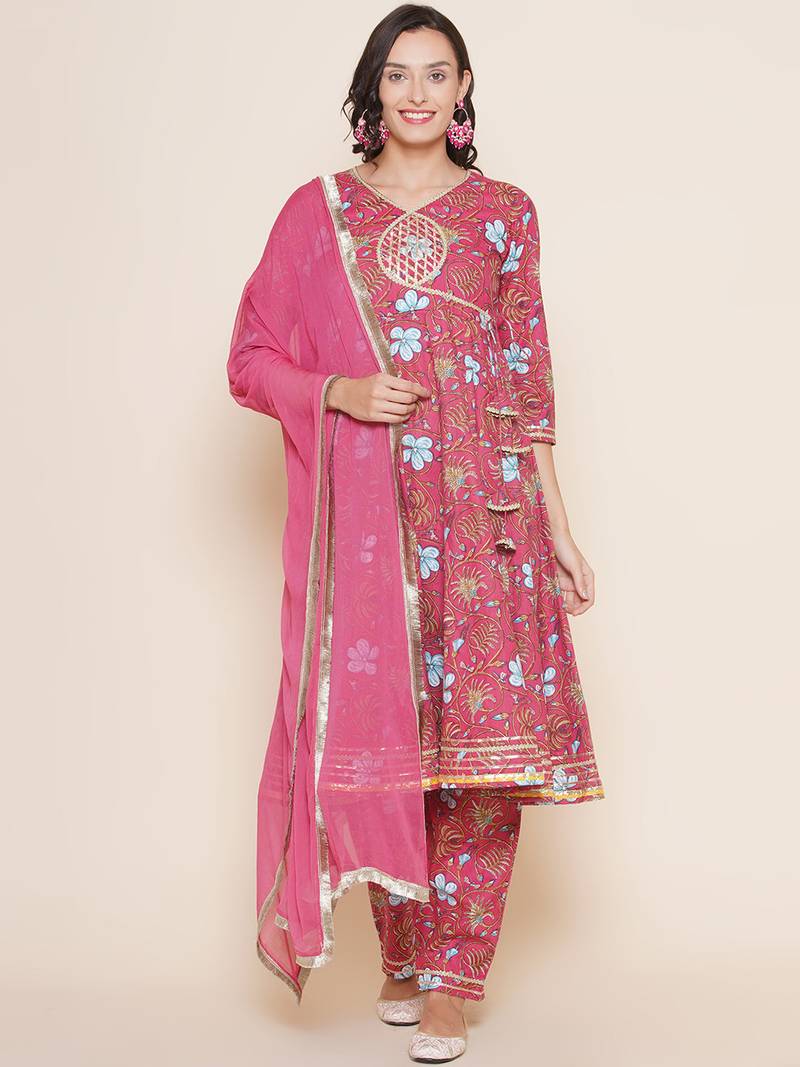 Pink Print Cotton Anarkali Kurta Set