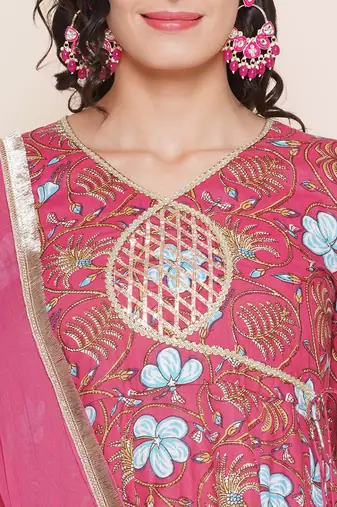 Pink Print Cotton Anarkali Kurta Set