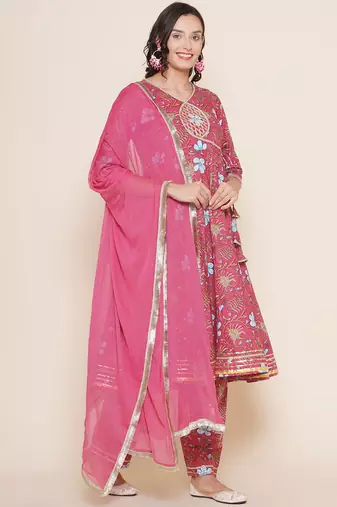 Pink Print Cotton Anarkali Kurta Set
