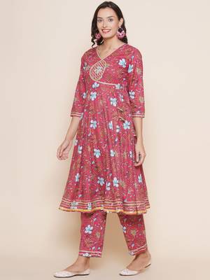 Pink Print Cotton Anarkali Kurta Set 4