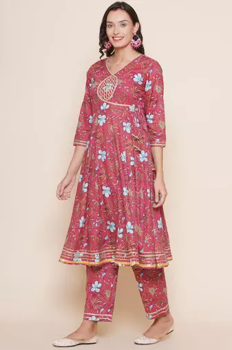 Pink Print Cotton Anarkali Kurta Set