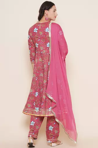 Pink Print Cotton Anarkali Kurta Set