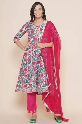 White Print Cotton Flared Kurta Set