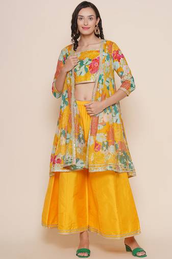 Yellow Print Silk Blend Kurta Set