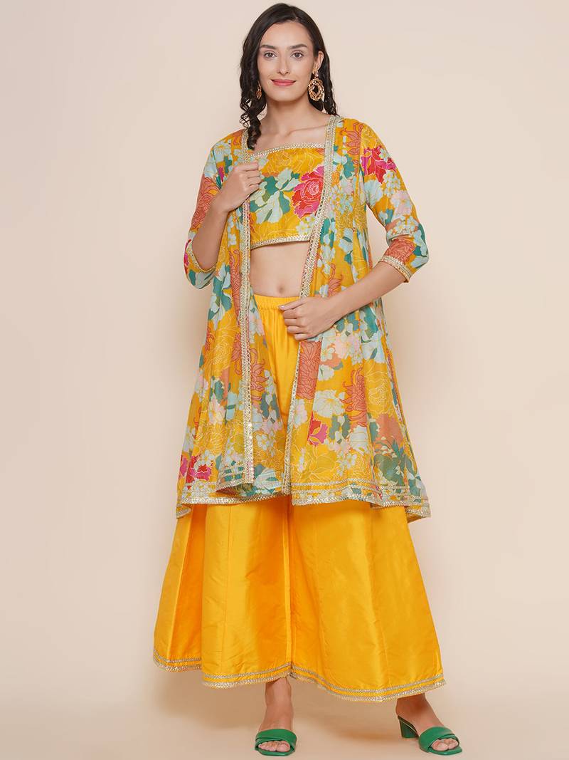 Yellow Print Silk Blend Kurta Set