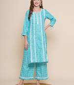 Turquoise Print Cotton Blend Straight Kurta Set