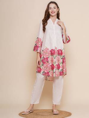 Cream Print Cotton Blend Flared Kurta Set 1