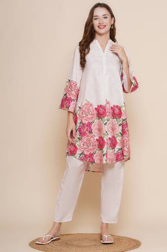 Cream Print Cotton Blend Flared Kurta Set