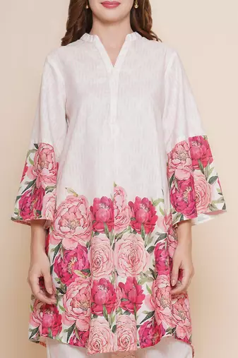 Cream Print Cotton Blend Flared Kurta Set