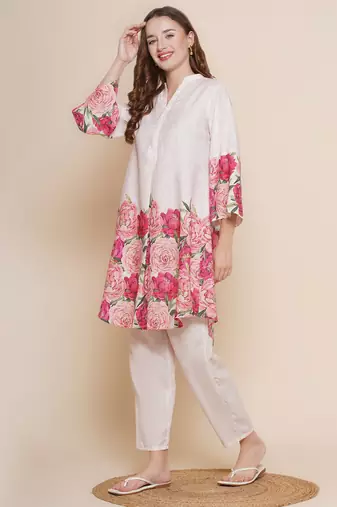 Cream Print Cotton Blend Flared Kurta Set