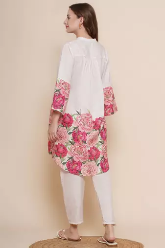 Cream Print Cotton Blend Flared Kurta Set