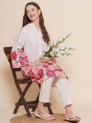 Cream Print Cotton Blend Flared Kurta Set 5