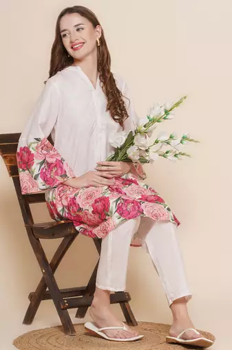 Cream Print Cotton Blend Flared Kurta Set