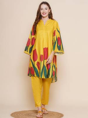 Mustard Print Cotton Blend Flared Kurta Set 1