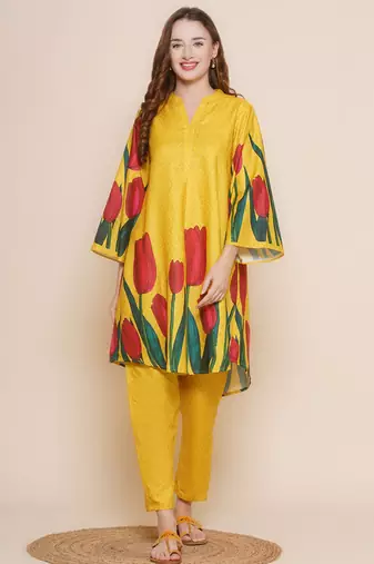 Mustard Print Cotton Blend Flared Kurta Set