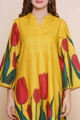 Mustard Print Cotton Blend Flared Kurta Set