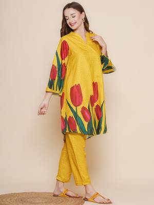 Mustard Print Cotton Blend Flared Kurta Set 3