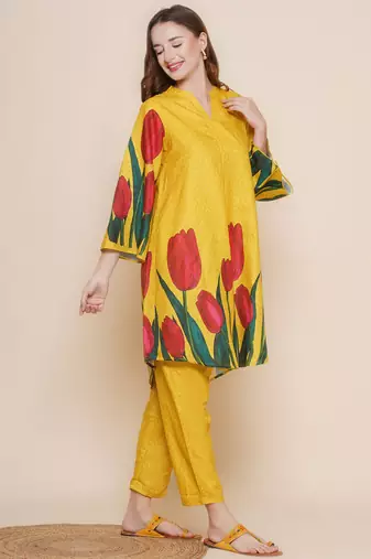 Mustard Print Cotton Blend Flared Kurta Set