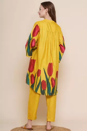 Mustard Print Cotton Blend Flared Kurta Set