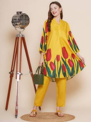 Mustard Print Cotton Blend Flared Kurta Set 5